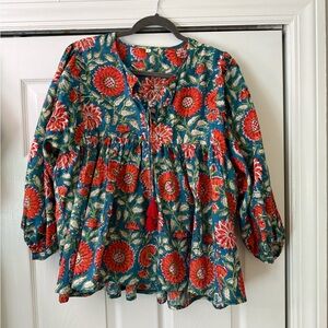 Floral Boho Blouse with Red and Green Pattern